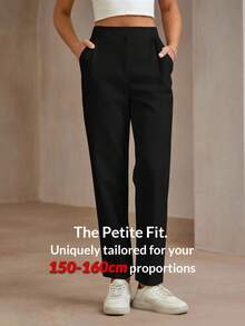 SHEIN PETITE 女式优雅直筒裤，带侧袋和拉链，纯色秋季女装，黑色 - 黑色 - 查看 6