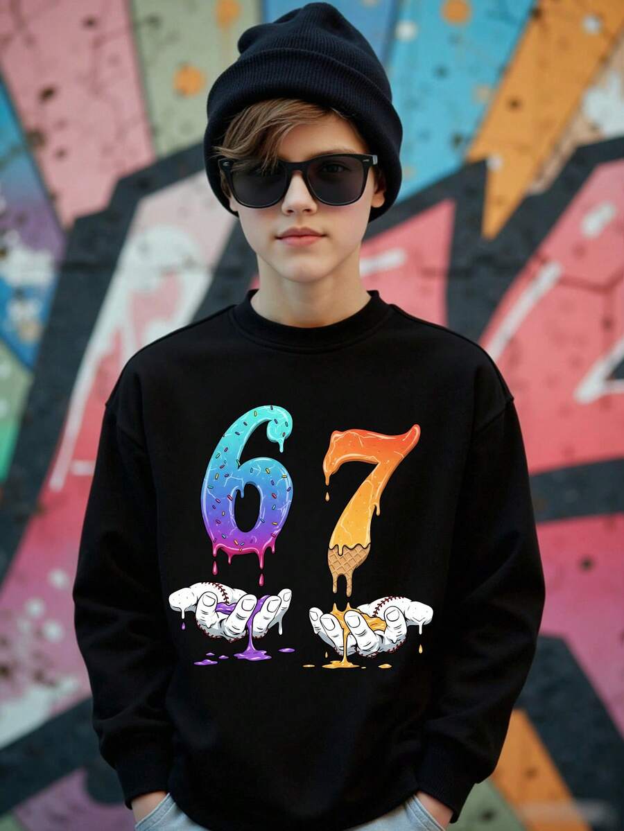 SHEIN 4-Season Versatile Boys' Casual Fashion Creative Personalized Refreshing High-End Colorful Digit 67 Biscuit Graphic Print Comfortable All-Match Short T-Shirt, Cozy Summer And Fall Styles Suitable For Boys' Daily Wear