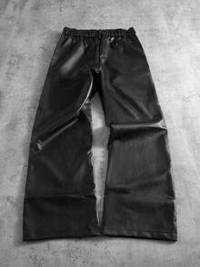 Manfinity Roghcode 男士黑色 PU 皮裤，休闲百搭时尚直筒裤，高腰裤，秋冬 - 黑色 - 查看 2