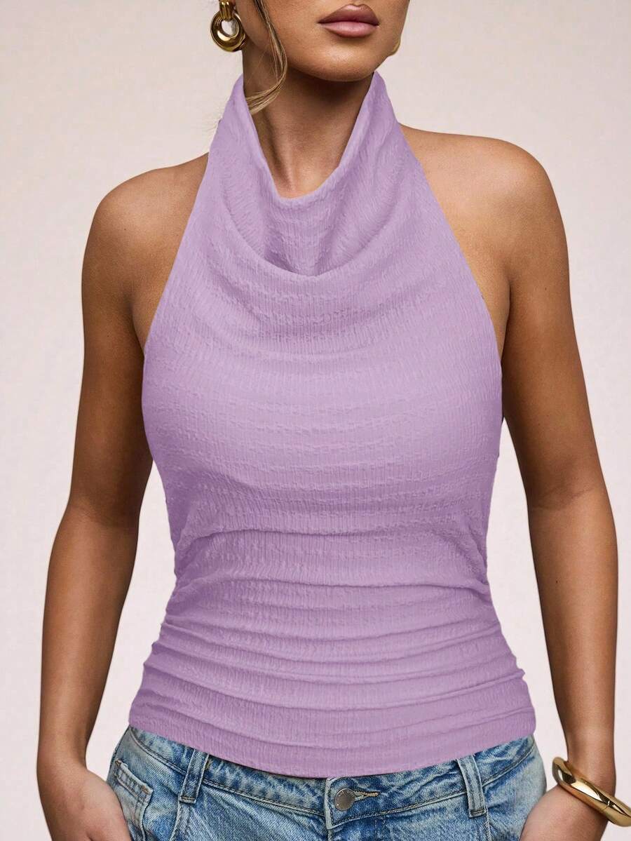 SHEIN BAE Débardeur mode femme à col bénitier, sans manches, dos nu, en tissu texturé, couleur unie - Parme - Voir 1