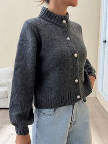 Women Button Front Pearl Buttoned Cozy Knit Cardigan