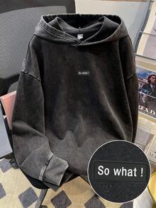 Manfinity Joysei Black Casual Minimalist Washed Effect Loose Hoodie, Decorated With "So What" Letter Patch, Suitable For Summer Wear, Can Be A Gift For Friends - Black - View 1