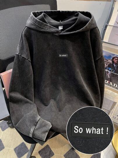 Manfinity Joysei Black Casual Minimalist Washed Effect Loose Hoodie, Decorated With "So What" Letter Patch, Suitable For Summer Wear, Can Be A Gift For Friends