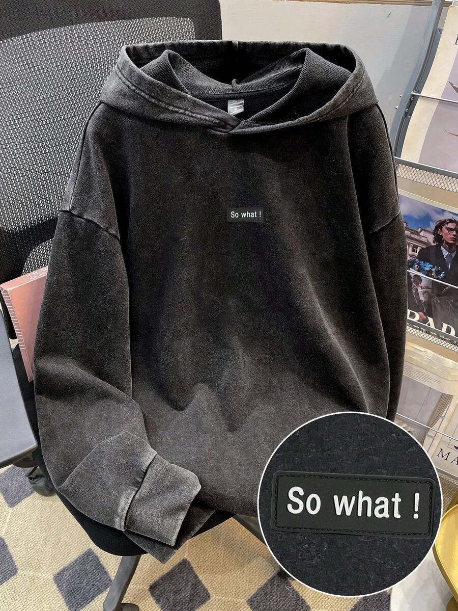Manfinity Joysei Black Casual Minimalist Washed Effect Loose Hoodie, Decorated With "So What" Letter Patch, Suitable For Summer Wear, Can Be A Gift For Friends - Black - View 1