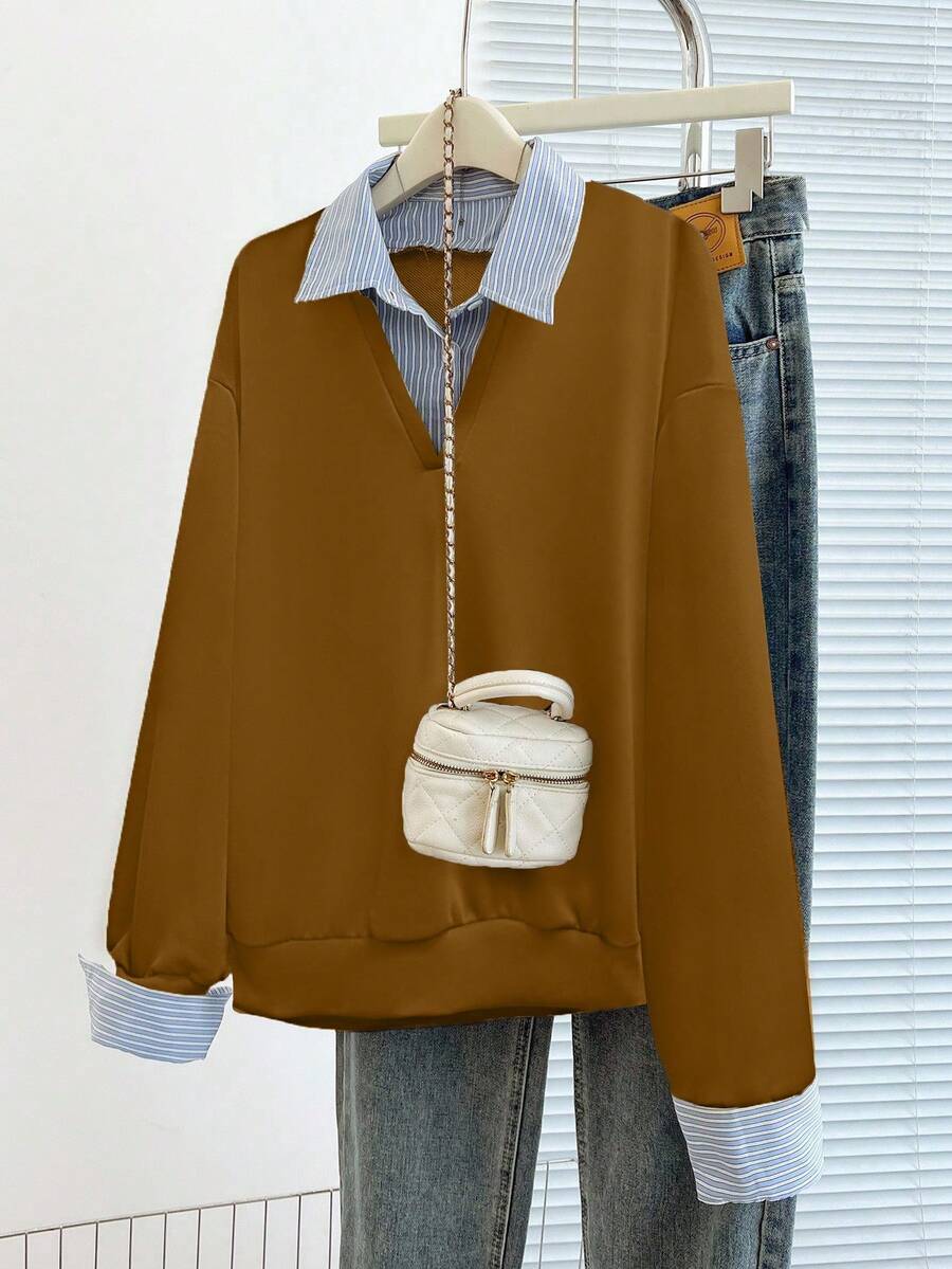 Franclia Striped Print Collared Casual Pullover Sweatshirt - Brown - View 1