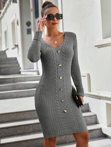 EURMUSE 女士金属纽扣V领长袖修身优雅针织连衣裙 - 灰色 - 查看 6
