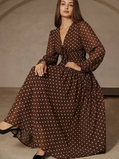 Aveloria Rosie Vintage Polka Dot V-Neck Slimming Elegant Tie-Front Fitted Long Sleeve Chiffon Dress