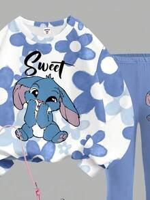 SHEIN 2pcs Young Girl Casual Loose Fit Blue Rabbit Lulu & Ombre Floral Print Crew Neck Long Sleeve Sweatshirt And Flare Pants Set, Suitable For Autumn/Winter, Casual Campus, Outdoor, Street Style - Multicolor - View 6