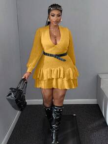 Maweii Vestido de punto casual con cuello en V, mangas raglán y volantes en el bajo, talla grande y unicolor - Amarillo - Ver 1