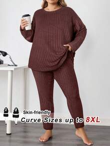 SHEIN CURVE+ 2 件套女士加大码法式返校运动装，简约纹理紧身裤和长袖上衣套装/秋冬 - 棕色 - 查看 7