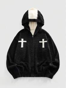 ROMWE MEN Goth Men's Patchwork Cross Print Half-Zip Hooded Sweater, Autumn/Winter - Black - View 2