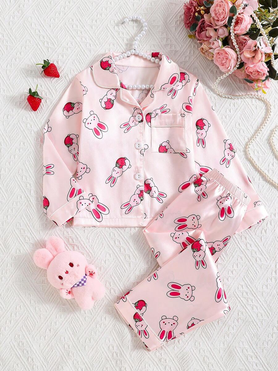 两件套女童可爱兔子印花柔软法兰绒领开衫长袖上衣和休闲裤舒适睡衣套装 - 彩色 - 查看 1