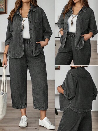 EMERY ROSE Blouse en jean décontracté à boutons pour grandes tailles