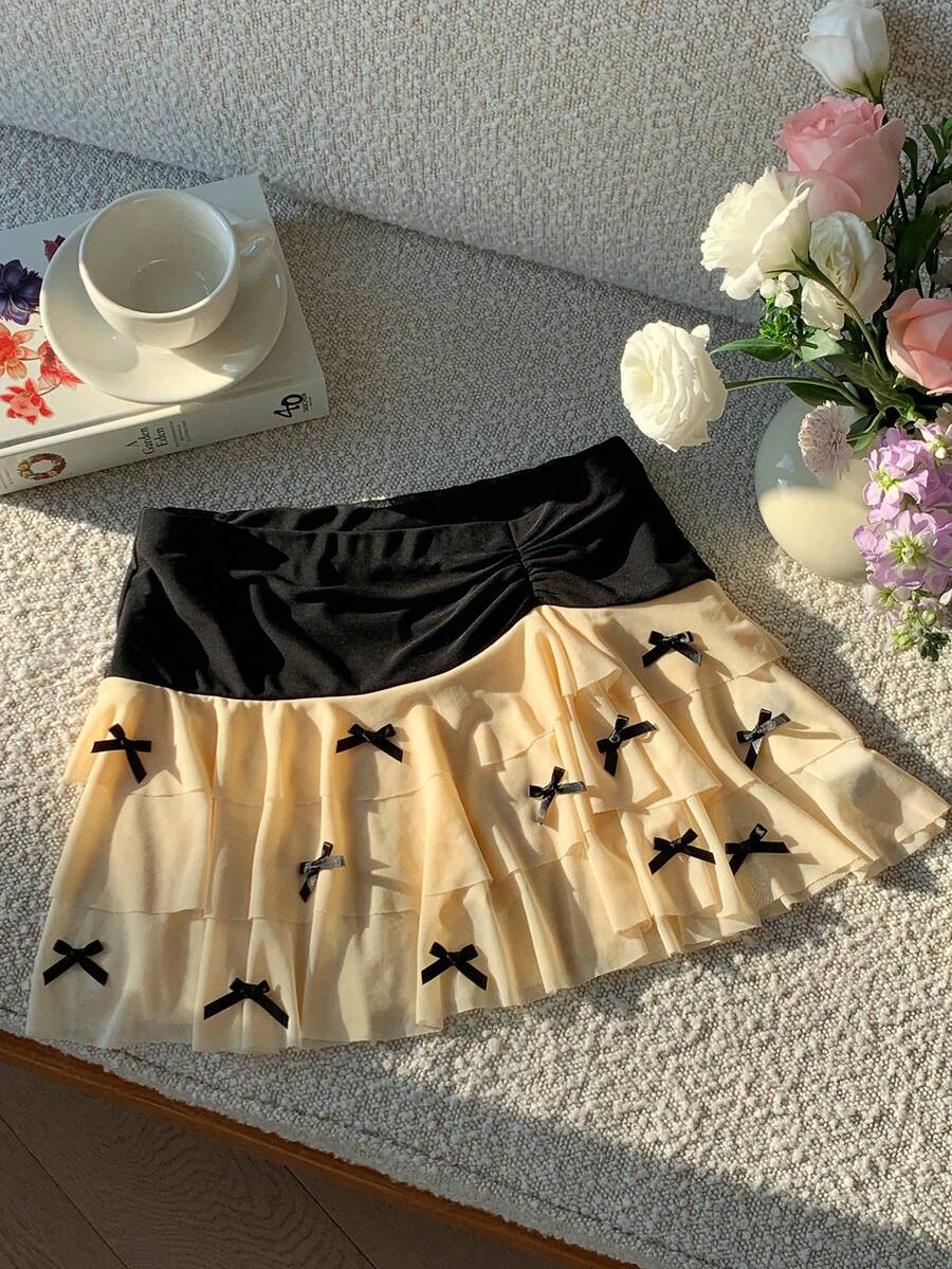 Comfortcana Women's Pleated Waist Bow Decor Cake Skirt - Multicolor - View 1