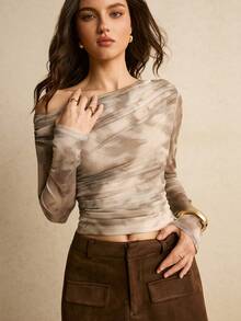 Poéselle Women's Y2K Tie-Dye Print Oblique Shoulder Long Sleeve Ruched Fitted Fashionable T-Shirt, Graphic Tee New Year New Styles Earthy Tops Spring & Summer Women Valentine's Day - Apricot - View 1