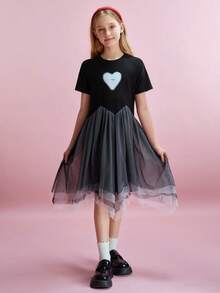 Tween Girl Heart Print Color Block Round Neck Short Sleeve Dress - Black - View 7