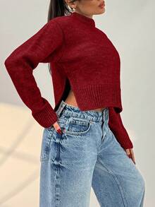 EURMUSE Suéter de cuello alto y corto de punto cálido para mujer - Burdeos - Ver 5