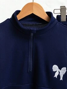 SHEIN 两件套女童休闲时尚街头风套装，包括带蝴蝶结装饰的半高领长袖拉链Polo衫和宽松阔腿裤，舒适百搭，适合日常穿着和运动。 - 彩色 - 查看 3