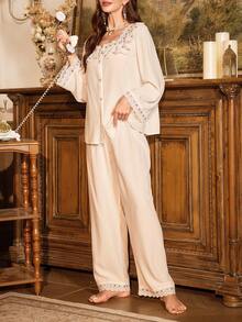 PalaceNights Set pigiama da donna con cardigan arricciato con ricamo vintage e pantaloni - Bianco - Visualizzare 3