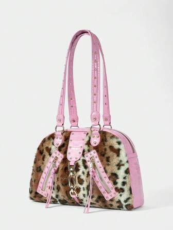 Grunge Punk Damen Y2K Rosa PU Patchwork Leopard Flauschige Shopper Tasche - Große Kapazität mit Reißverschluss & Nieten, kantige Winterhandtasche für den täglichen Gebrauch der Frau