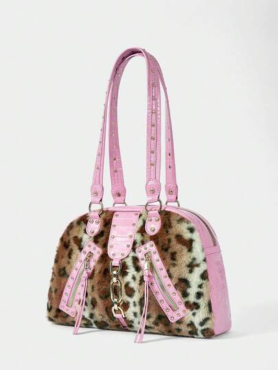 ROMWE Grunge Punk Women's Y2K Pink PU Patchwork Leopard Fluffy Tote Bag - Large Capacity With Zipper & Studs, Edgy Winter Purse For Women Daily Use