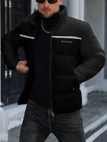 Manfinity CasualCool 男士休闲保暖拉链立领羽绒服，秋冬黑色男士夹克，男士羽绒服，男士冬季服装，男士街头风拉链夹克，适合日常休闲、周末旅行、户外活动、探险旅行、轻松的工作环境或半正式场合，可作为男友/丈夫礼物、周年纪念/生日礼物、派对礼物、圣诞节礼物、新年礼物。 - 黑色 - 查看 8