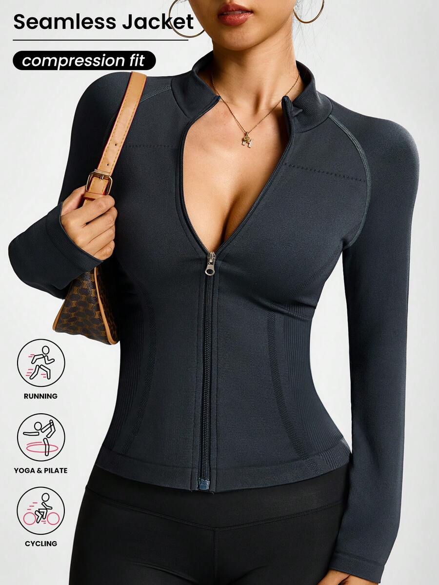 Dewbera Women's Raglan Sleeve Zip Front Fitted Dark Grey Athletic Jacket, Seamless - Dark Grey - View 1