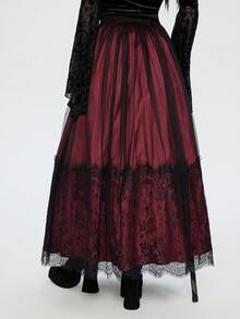 Breakform Váy Maxi hai lớp bằng vải satin thêu hoa cổ điển Gothic thanh lịch màu đỏ rượu vang dành cho nữ, thích hợp cho các buổi đi chơi hàng ngày và trang phục dự tiệc - Màu Đỏ Sâu - Xem 2