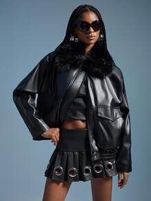 GENKIRA Utility Style Fur Collar Loose Fit Slimming Premium Leather Jacket, Suitable For Business Casual, Featuring Oversized Pockets - Black - View 1