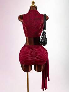 Amplova 2026新款蕾丝透视性感内衣套装，前系带裙装，女士款 - 紅色 - 查看 7