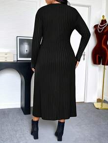 EMERY ROSE Plus Size Ribbed Knit Elegant Cocktail Party Evening Casual Criss-Cross Long Sleeve Fitted Sexy Mature Dress - Black - View 2
