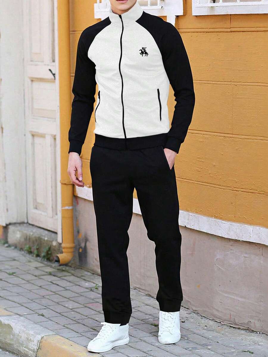 Manfinity Homme 2pcs Men's Knight Print Raglan Sleeve Zip Placket Sweatshirt And Pants Tracksuit Set,Black And White Autumn Streetwear Work Jogging Sweatsuit Set - Black and White - View 1