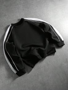 Manfinity Homme Men's Striped Crew Neck Raglan Long Sleeve Casual Fleece Pullover Sweatshirt, Autumn/Winter Men Tops Long Sleeve Men Jogging Suits Men Sport Clothes - Black - View 1