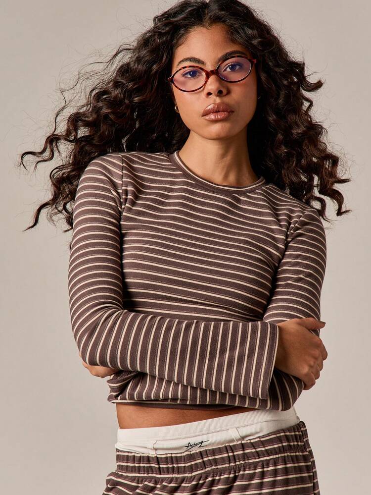 Horizontal Striped Long Sleeve Crew Neck Top