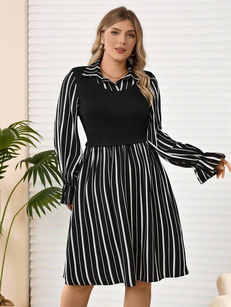 Vestido casual de manga larga con rayas y parches para mujer de talla grande