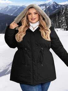 SHEIN CURVE+ Abrigo acolchado con capucha y cordón ajustable en la cintura, unicolor, talla grande y curvilínea - Multicolor - Ver 6