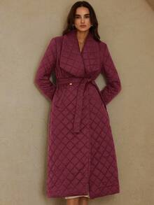 EMERY ROSE Fashionable Design Versatile Slimming Lapel High-End Elegant Mid-Length Belted Fitted Padded Coat - Burgundy - View 2