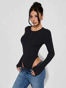 SHEIN PETITE 2pcs Solid Slim Fit Spring Women Bodysuit Black Body Suit Long Sleeve Bodysuit Bodysuit Romper Black Bodysuit Women Sexy Body Suit - Black - View 5