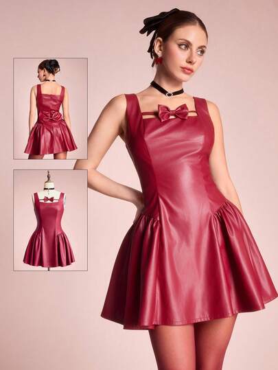 ROMWE Avant Vestido mini vintage elegante de mujer con decoración de lazo 3D de tela de PU