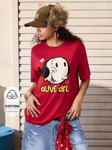 Popeye X SHEIN T-shirt à manches courtes col rond décontracté pour femmes, avec lettres et graphiques de dessins animés, pour l'été - Rouge - Voir 8