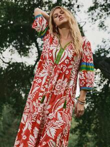 Freevana 女士热带植物印花连衣裙，V领系带蝴蝶结长袖宽松休闲连衣裙，初秋