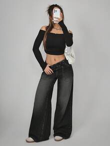 Jeanoix Quần jeans cỡ lớn, màu trơn, tối giản, thích hợp mặc hàng ngày. - màu đen - Xem 5