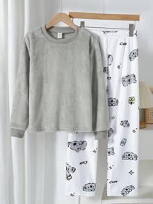 SHEIN Genkimix Kids 女孩灰色蓬松圆领长袖上衣搭配可爱考拉印花白色羊毛裤，双面法兰绒柔软保暖两件套睡衣套装