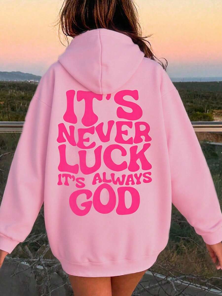 SHEIN Sudadera rosa de manga larga con estampado de eslogan, hombros caídos y corte oversize, para adolescentes, para otoño/invierno - Rosa Fucsia - Ver 1