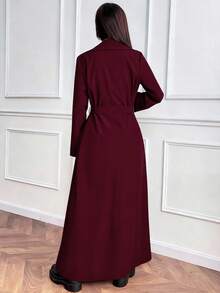 Almamuse 休闲时尚简约宽松长袖双排扣系带长款风衣，纯灰色，春秋冬款 - 酒紅色 - 查看 2