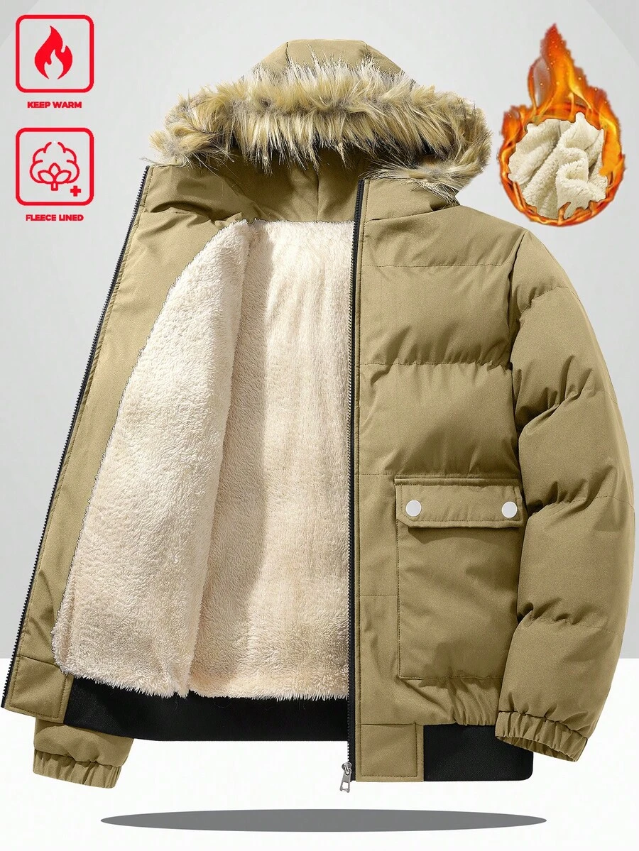 Manfinity Homme 男士冬季卡其色連帽毛領加厚保暖內裡棉襖,商務休閒外套,適合約會、戶外,老錢風禮物 - 卡其色 - 查看 1