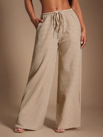 Radiana Women's Comfortable Casual Minimalist Low Waist Drawstring Brown Retro Striped Wide Leg Pants, Loungewear