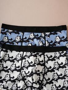 Felix The Cat X SHEIN 2 piezas Calzoncillos cómodos para hombre con estampado de dibujos animados en todo el diseño y ribete de contraste - Azul y blanco - Ver 4