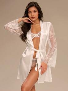 Enchnt Women's Bride Embroidery Satin & Lace Patchwork Waist Robe - White - View 4