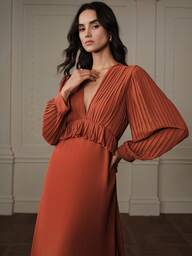 Aveloria Rosie Elegant & Sophisticated European Style Chiffon Deep V-Neck Pleated Waist Lightweight Long Sleeve Dress For Women